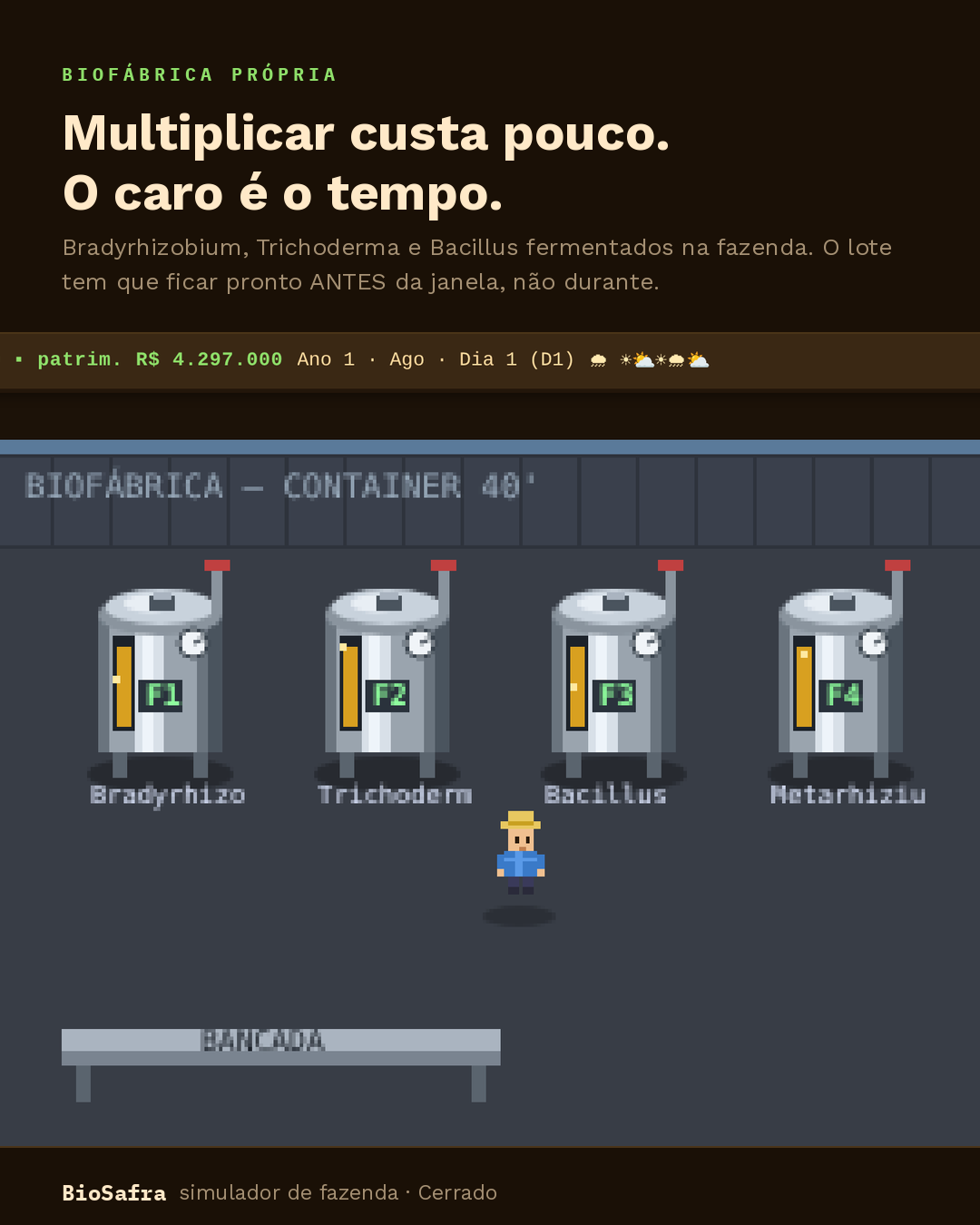 Biofábrica do jogo em um container com quatro fermentadores de Bradyrhizobium, Trichoderma, Bacillus e Metarhizium