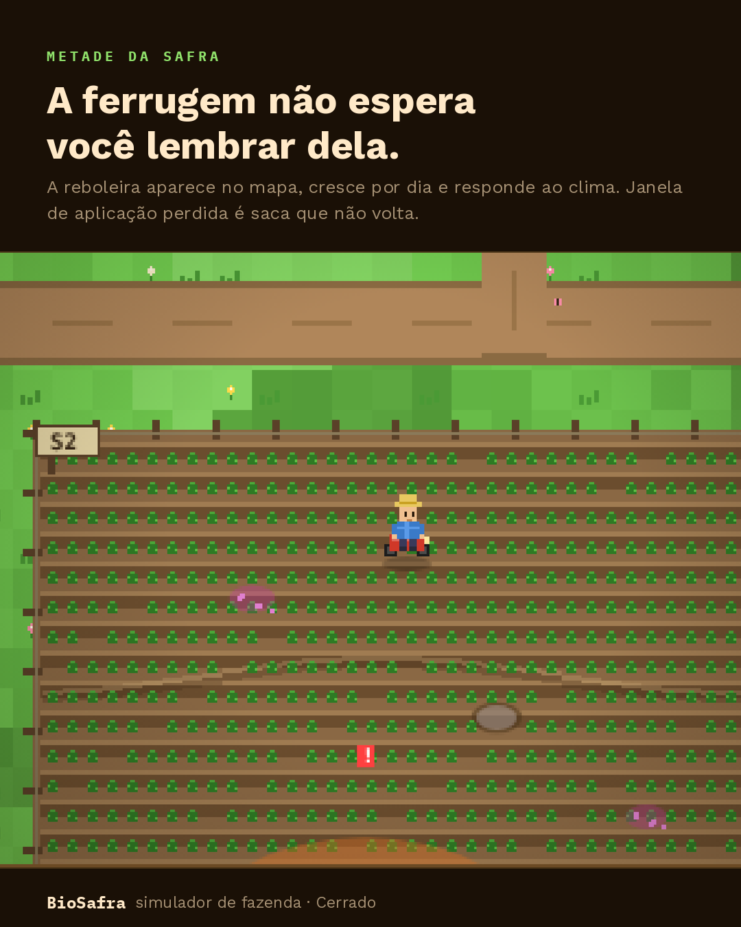 Talhão de soja no jogo com reboleira de ferrugem asiática crescendo no mapa e o alerta de aplicação